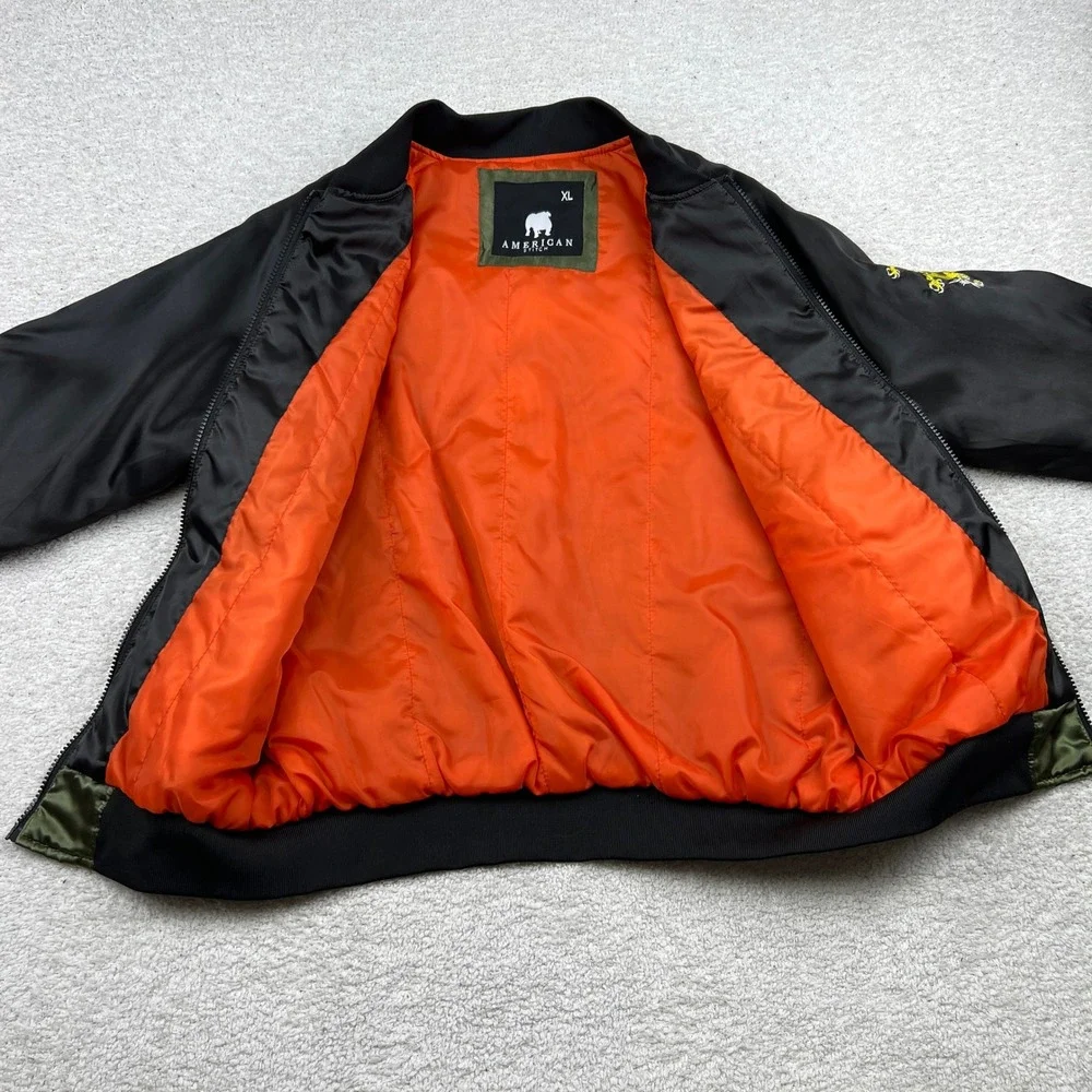 American Stitch Mens XL Bomber Jacket Olive Green Black Dragon Embroidered Satin